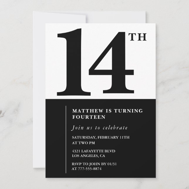 Invitación simple para cumpleaños número 14 en neg (Anverso)