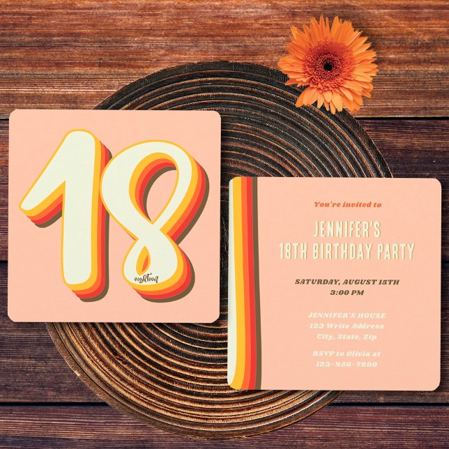 Invitación Simple Peach Modern Retro Groovy 18º cumpleaños (Front and Back)
