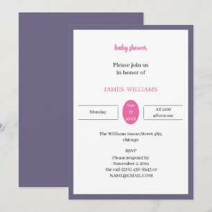 Invitación Simple Personalizado Baby Shower Púrpura Y Rosa