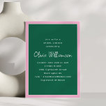 Invitación Simple Pink and Green Modern Trendy Bridal Shower<br><div class="desc">This minimalist bridal shower invitation features bold white type on a deep green background with a playful blush pink border. Sleek, stylish, and easy to personalize with event details, it’s ideal for the modern bride. Great for garden parties, brunches, or city soirées, this clean design works beautifully for any bridal...</div>
