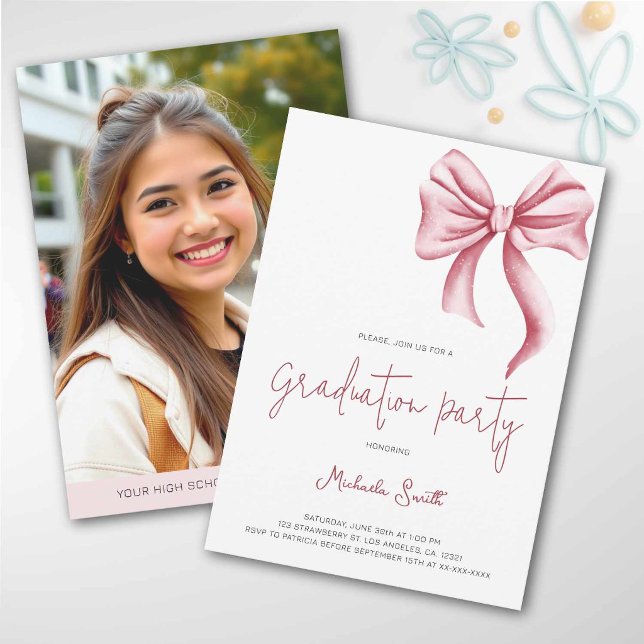 Invitación Simple Pink Bow Photo Graduation Party (Subido por el creador)