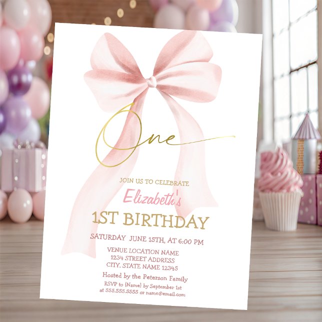 Invitación Simple Pink Bow Pink Striped 1st Birthday  (Subido por el creador)