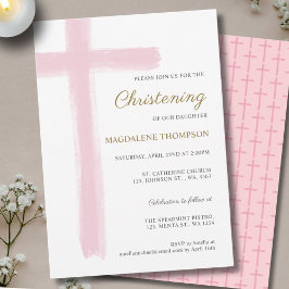 Invitación Simple Pink Cross Girl Christening Baptism