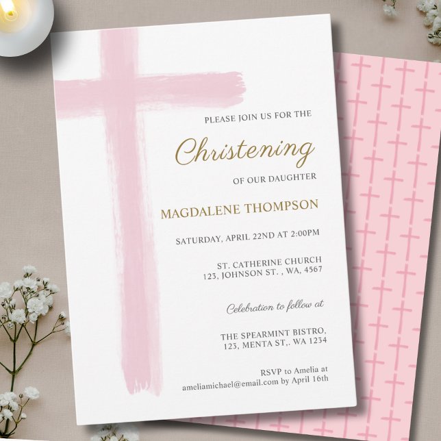 Invitación Simple Pink Cross Girl Christening Baptism (Subido por el creador)