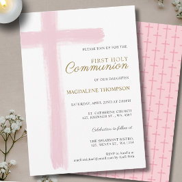 Invitación Simple Pink Cross Girl First Holy Communion
