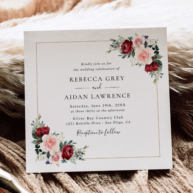 Invitación Simple Plaza de Boda floral Rubor Gold en Borgoña (Subido por el creador)