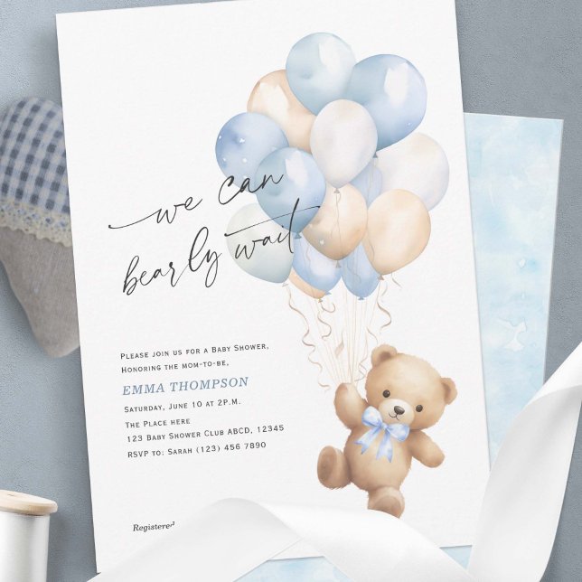 Invitación Simple Podemos Esperar A La Ducha Blue Baby (Blue We Can Bearly Wait, Cute Teddy Bear Baby Boy Shower Invitation.)