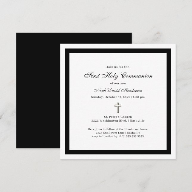 Invitación Simple Primera Comunión Negro Blanco (Anverso / Reverso)