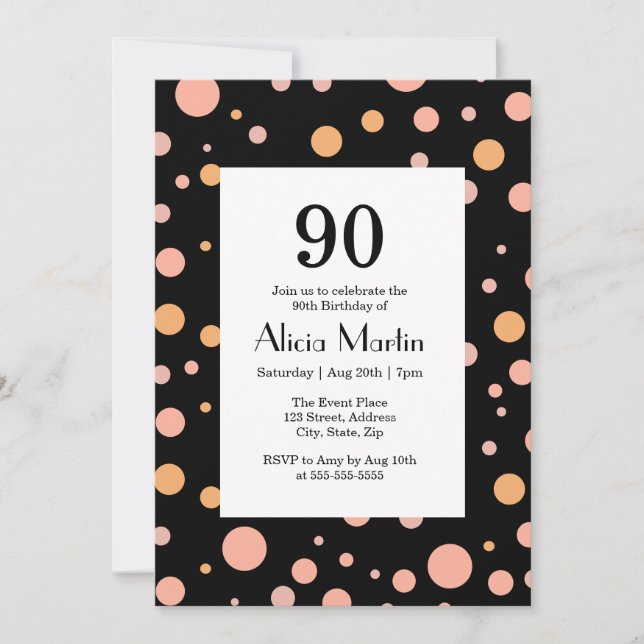 Invitación Simple Punto de Polka Rosa y Peach Black 90 cumple (Anverso)