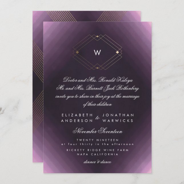Invitación Simple Purple Modern Monograma Script Gold (Anverso / Reverso)