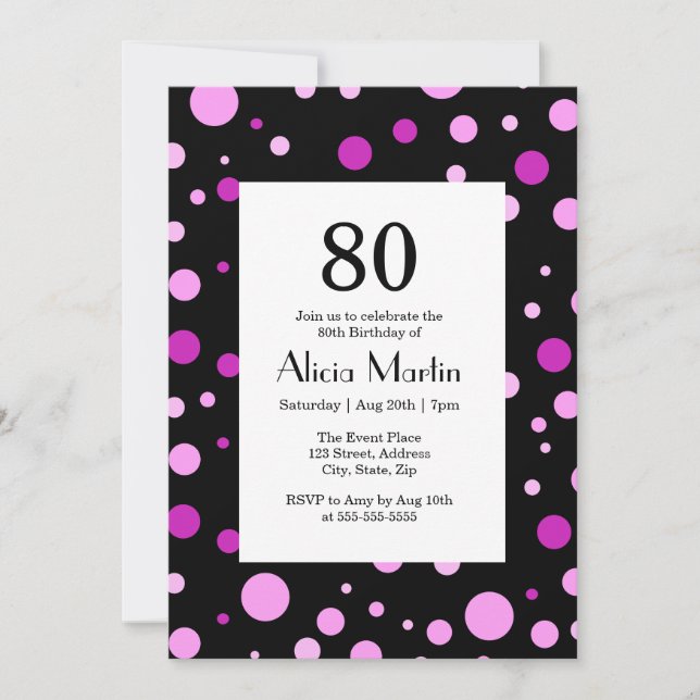 Invitación Simple púrpura Lilac Polka Dot Negro 80 cumpleaños (Anverso)
