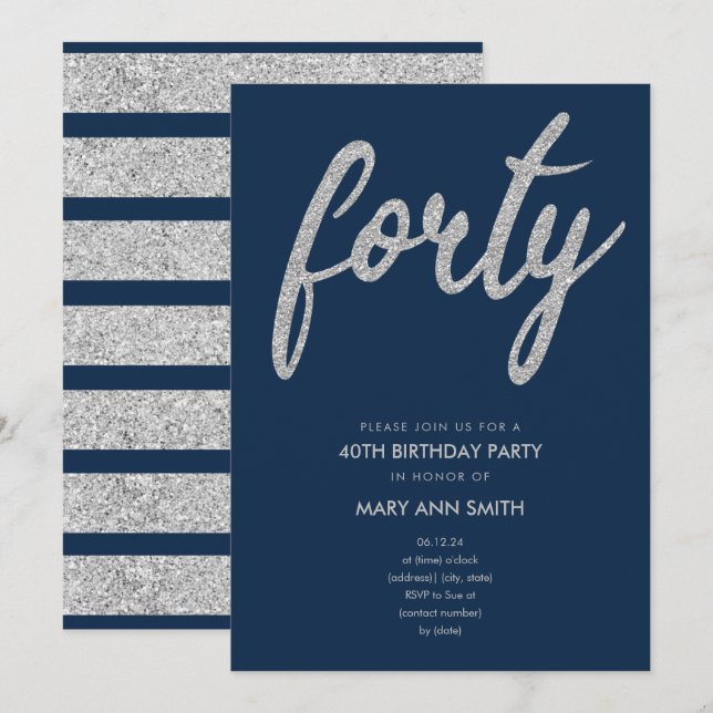Invitación Simple Purpurina de la Marina Plata 40 años Fiesta (Anverso / Reverso)