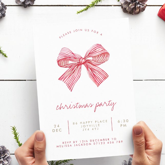 Invitación Simple Red Candy Stripe Bow Navidades Fiesta (Subido por el creador)