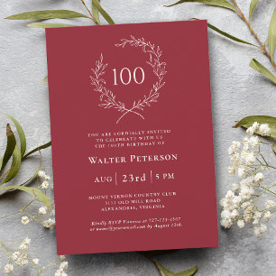 Invitación Simple Red Elegant Laurel Wreath 100 cumpleaños
