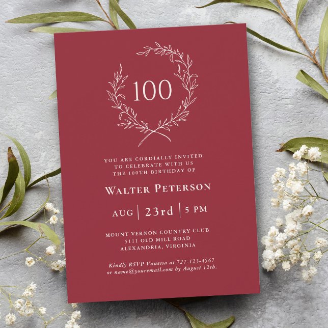 Invitación Simple Red Elegant Laurel Wreath 100 cumpleaños (Subido por el creador)