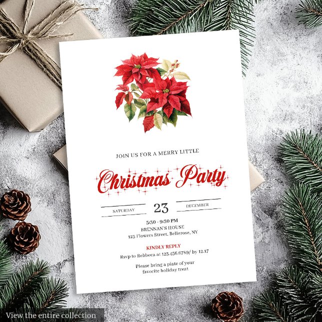 Invitación Simple Red Poinsettia Botanical Holiday Christmas  (Simple Red Poinsettia Botanical Holiday Christmas Invitation)
