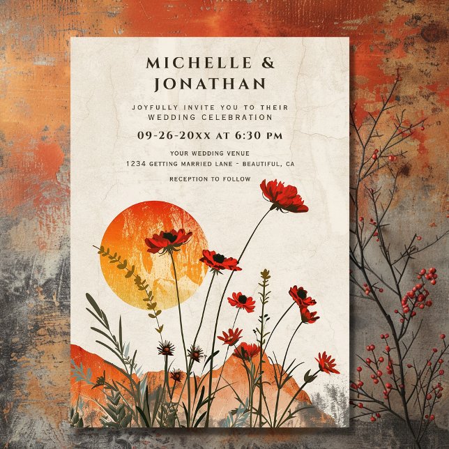 Invitación Simple Red Poppies Boho Wildflowers Sunset Boda (Front - Simple Red Poppies Boho Wildflowers Sunset Wedding Invitation)
