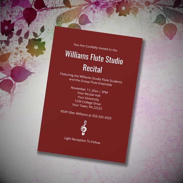 Invitación Simple Red Treble Clef Flute Music Recital (Subido por el creador)