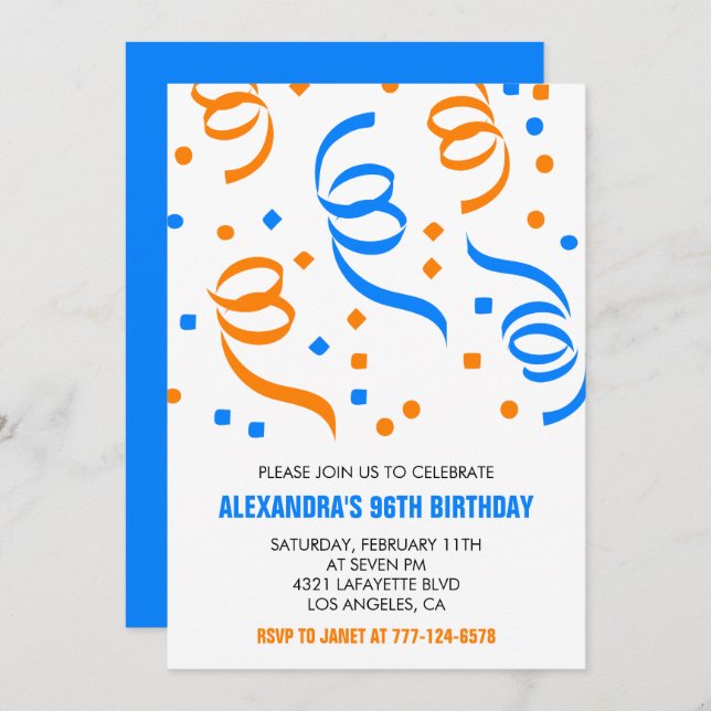 Invitación Simple Retro Blanco Confetti cumpleaños 96 (Anverso / Reverso)