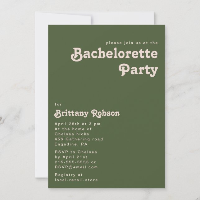 Invitación Simple Retro Vibes Olive Green BachelorParty (Anverso)