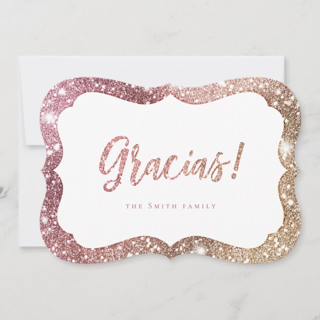 Invitación Simple rosa brillante oro purpurina gracias (Anverso)