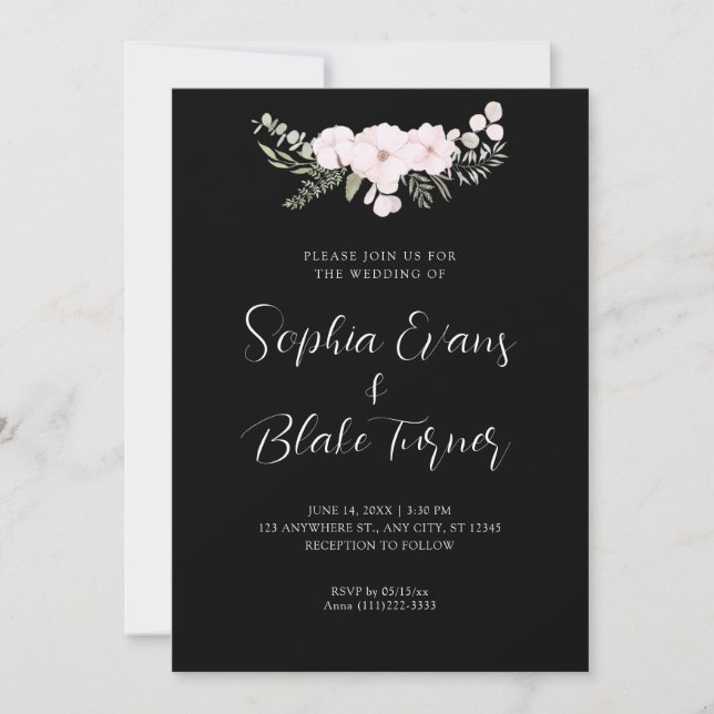 Invitación Simple rosa pálido y Boda negro floral verde (Anverso)