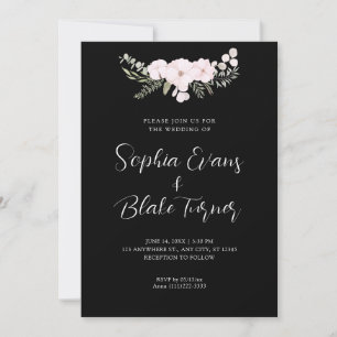 Invitación Simple rosa pálido y Boda negro floral verde