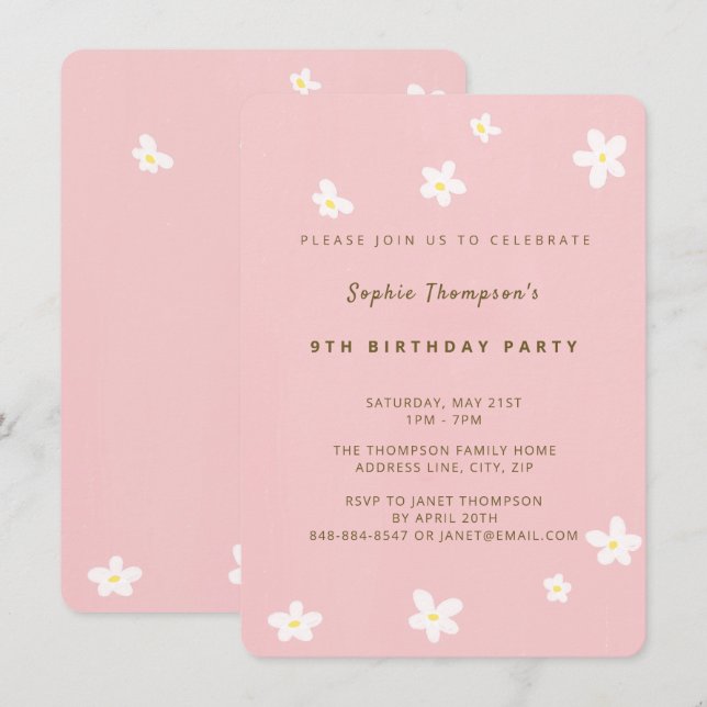 Invitación Simple Rosa polvoriento Cute Daisies Chica Fiesta  (Anverso / Reverso)