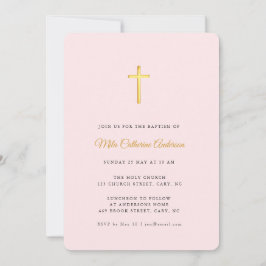 Invitación Simple rosa y falso oro Cross Baptism