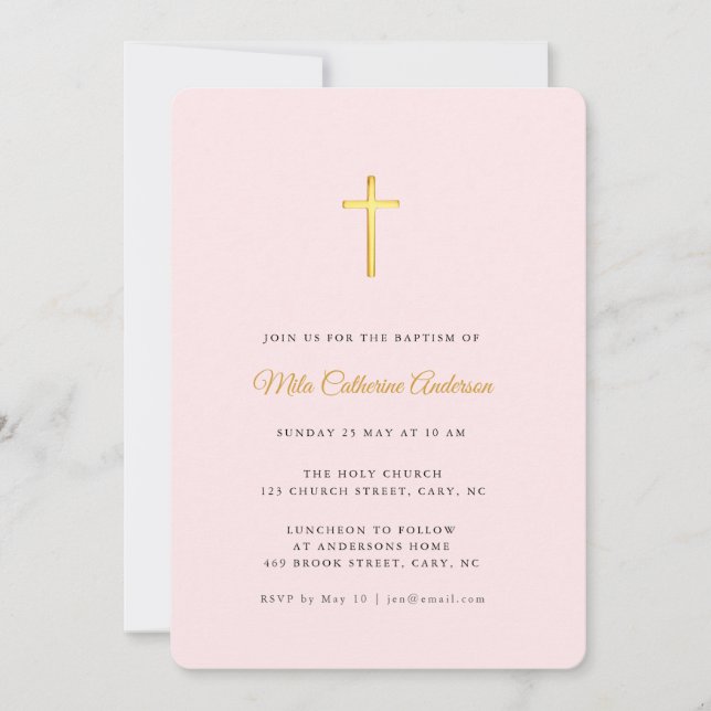 Invitación Simple rosa y falso oro Cross Baptism (Anverso)