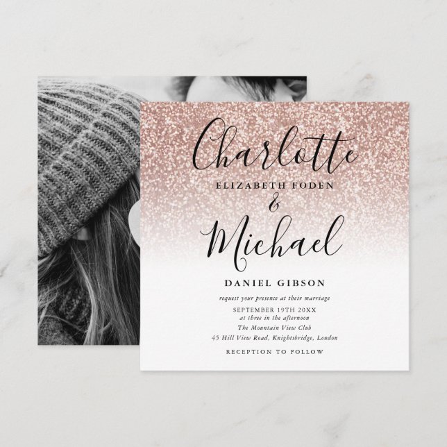 Invitación Simple Rose Gold Glitter Script Foto de Boda (Anverso / Reverso)