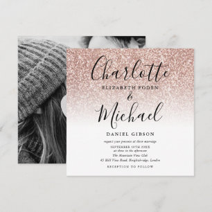 Invitación Simple Rose Gold Glitter Script Foto de Boda