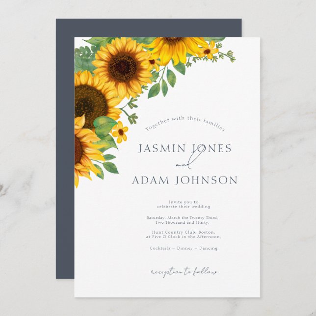 Invitación Simple Royal Blue Opulence Sunflowers Boho Boda (Anverso / Reverso)