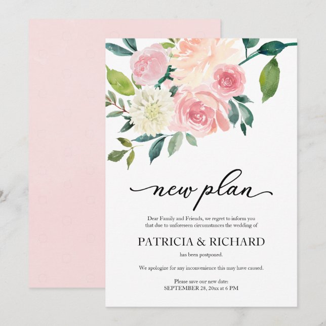 Invitación Simple Rubor Floral Nuevo plan Boda Aplazamiento (Anverso / Reverso)