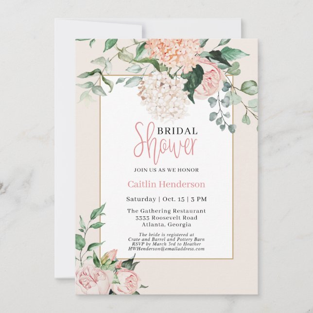 Invitación Simple Rubor Floral rosa Hydrangea Bridal Shower (Anverso)