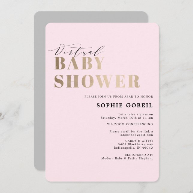 Invitación Simple Rubor Pink & Gold VIRTUTAL Baby Shower (Anverso / Reverso)