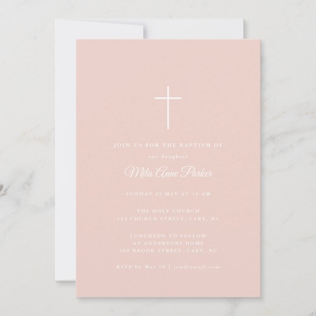 Invitación Simple Rubor rosa y blanco cruza bebé bautizo (Anverso)