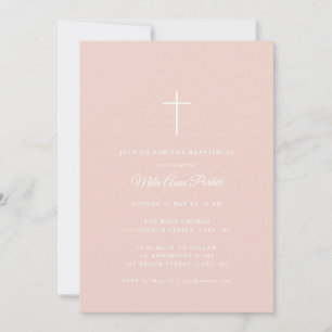 Invitación Simple Rubor rosa y blanco cruza bebé bautizo