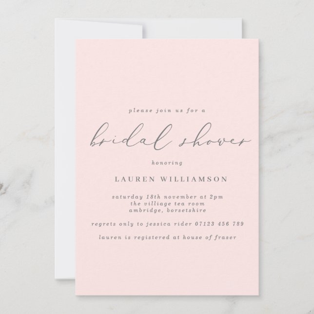 Invitación Simple Rubor y caligrafía gris ducha de novia (Anverso)
