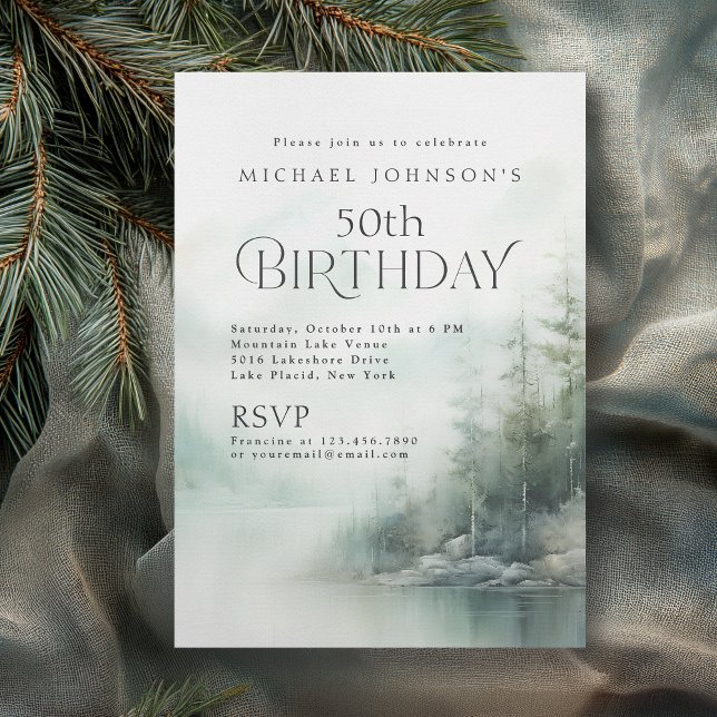Invitación Simple Rustic Mountain Lake 50th Birthday (Available in both printed and instant download digital formats.)