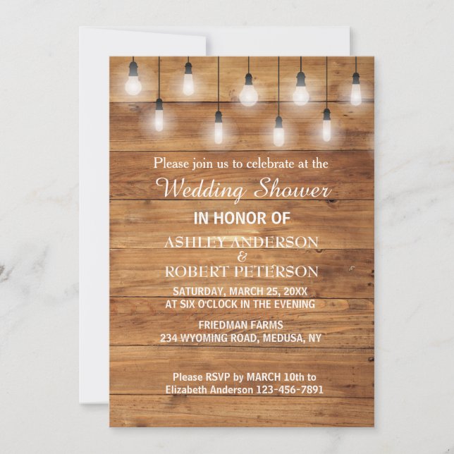 Invitación Simple Rustic Wood Luces Wedding Shower (Anverso)