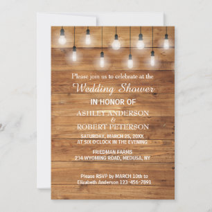 Invitación Simple Rustic Wood Luces Wedding Shower