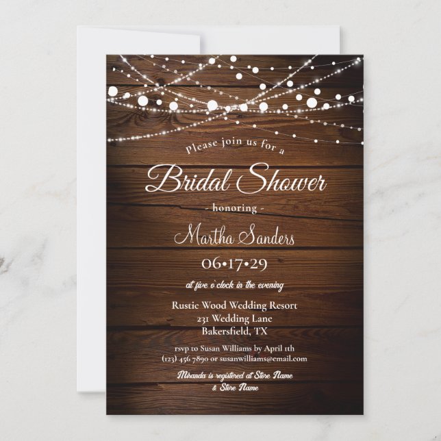 Invitación Simple Rústica Madera y String Luces Bridal Ducha (Anverso)
