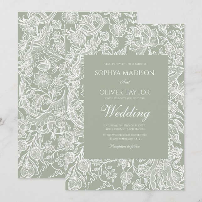 Invitación Simple Sage Green Line Art boda de flores silvestr (Anverso / Reverso)