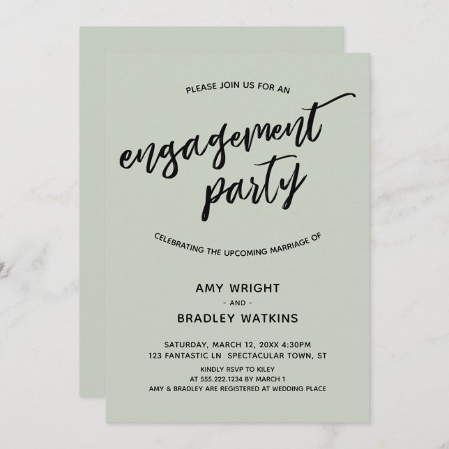 Invitación Simple Sage Modern Handwriter Engagement Party (Anverso / Reverso)