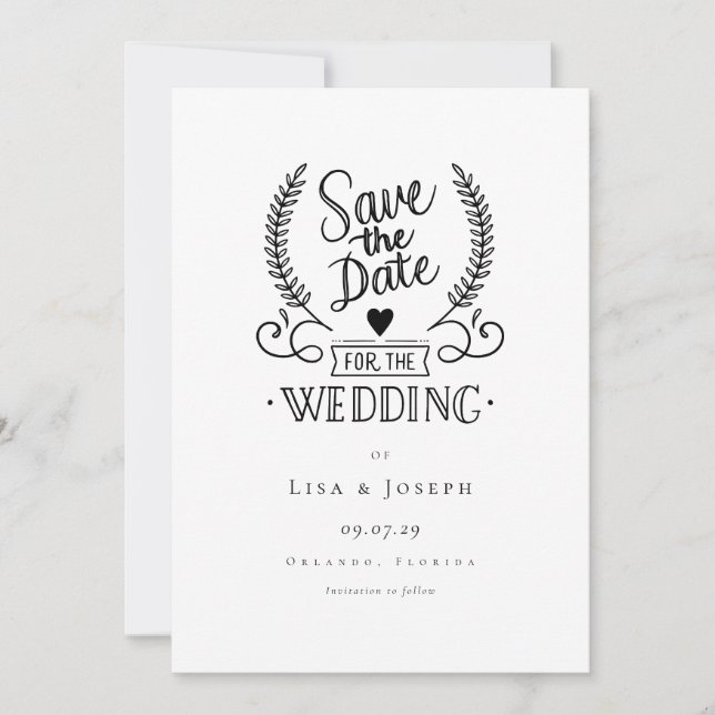 Invitación Simple Save the Date de Escritura en Negro y Blanc (Anverso)