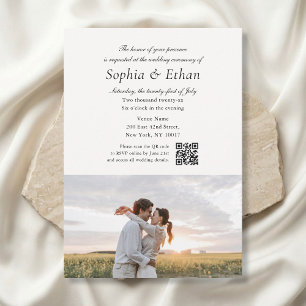 Invitación Simple Script 2 Foto Código QR Blanco Bodas