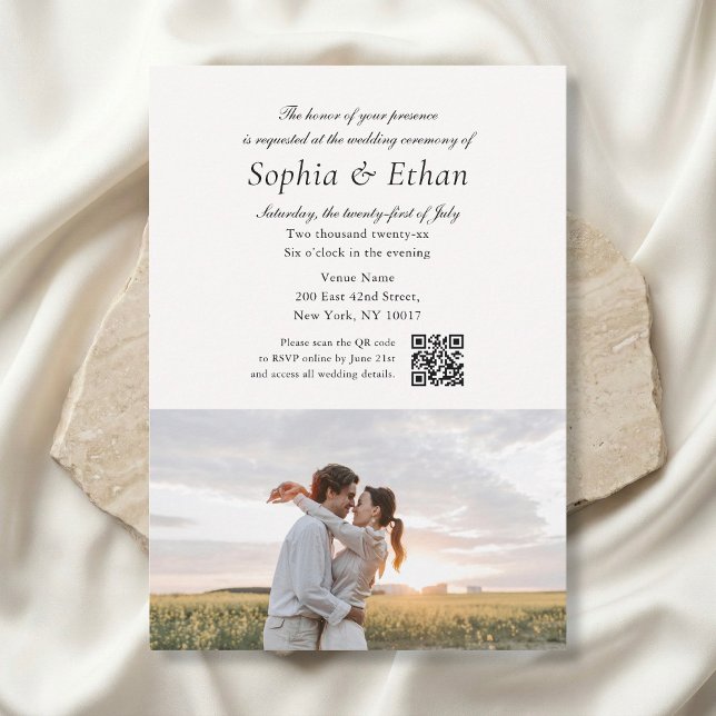 Invitación Simple Script 2 Photo QR Code Off White Wedding (Subido por el creador)