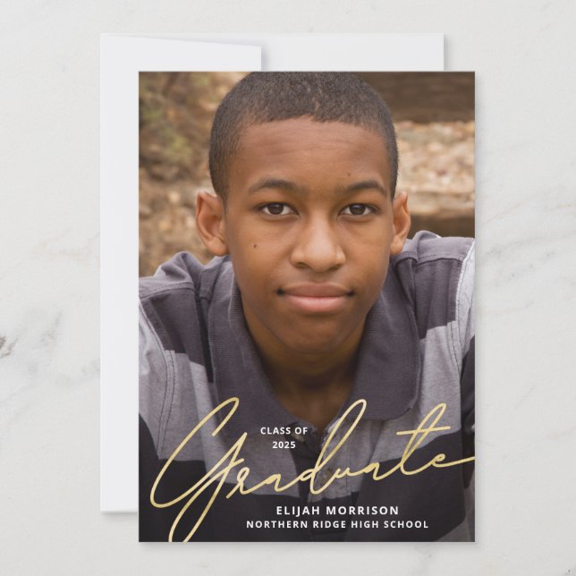Invitación Simple Script Gold Overlay Photo Graduation Party (Anverso)