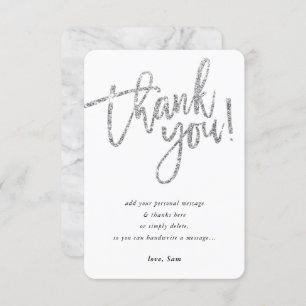 Invitación SIMPLE SCRIPT gracias nota tipo purpurina plata